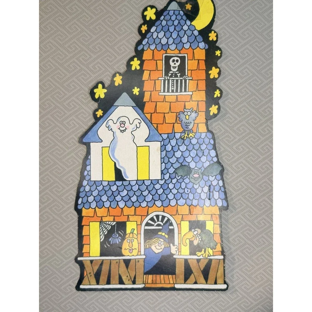 Vintage Halloween Die-Cut Decorations Witch Flying Moon & Haunted House